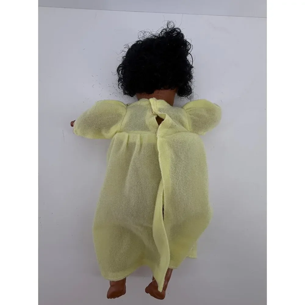 Vintage 1988 Black Baby Doll Sleep Eyes Soft Body Yellow Gown Curly Hair CitiToy